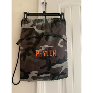 Thirty One Camouflage Cinch sac backpack style with monogrammed‎ “Peyton”